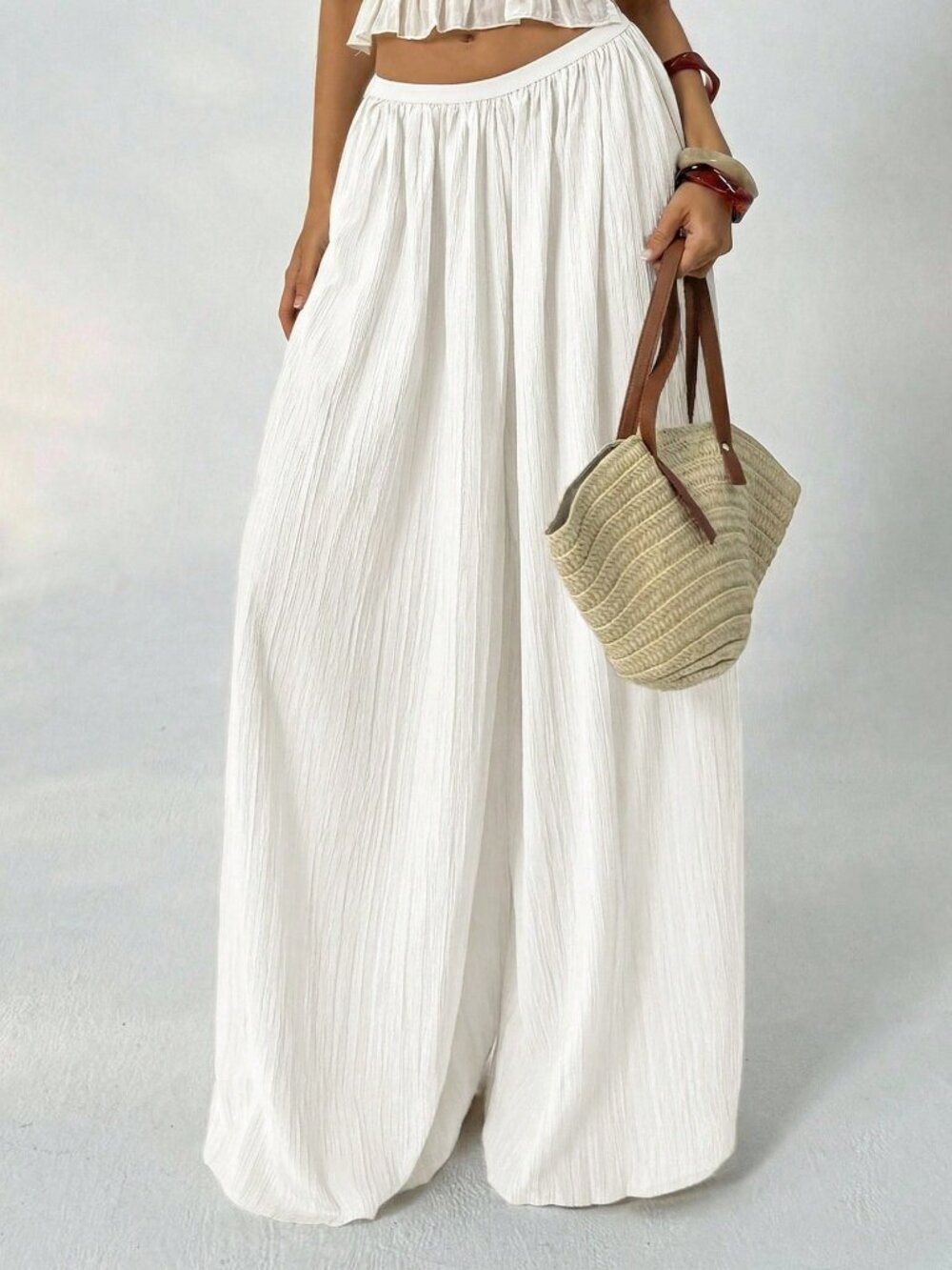 White Casual Women's Loose Textured Palazzo Pants